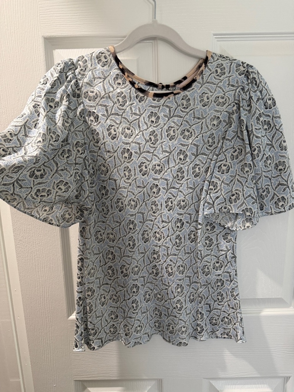 Rebecca Taylor Womens Floral Puff Sleeve Top in Light Blue and Black